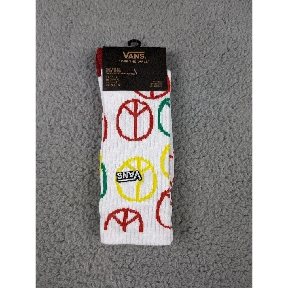 Vans Crew Socks Mens Womens 6.5-9‎ White Colorful Peace Sign Logo Skate Athletic